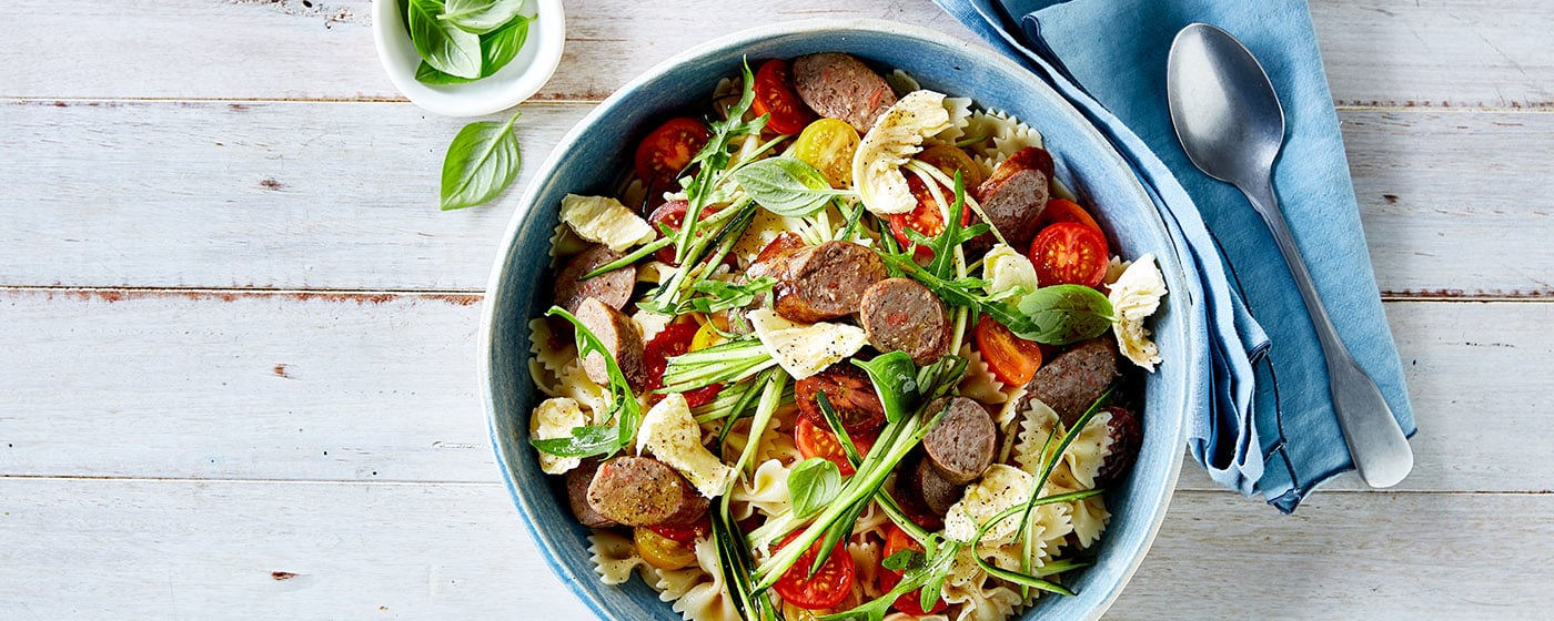 Warm beef sausage and pasta salad recipe | Australian Beef - Recipes, Cooking Tips and More