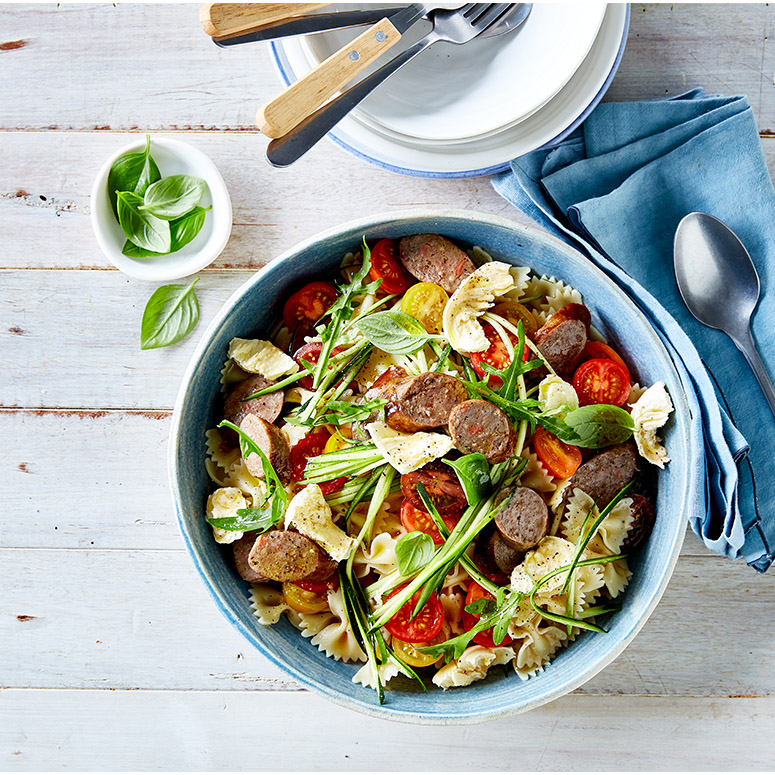 Warm beef sausage and pasta  salad