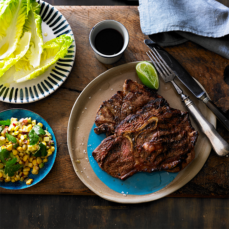 Cajun spiced y-bone with corn and avocado salsa