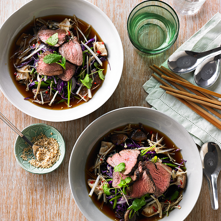 Spiced beef rump medallions and Asian slaw broth