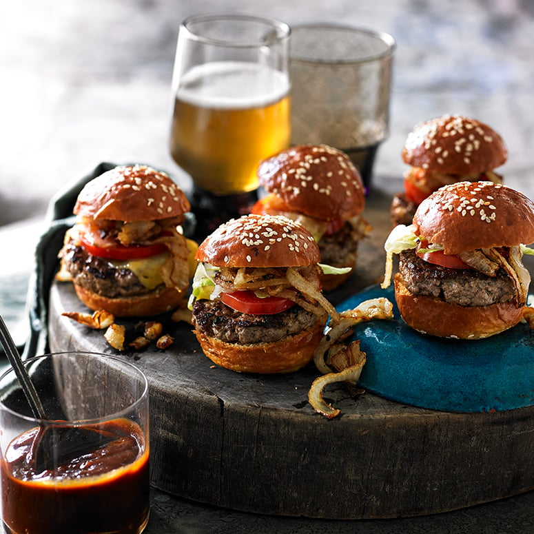 Mini cheeseburgers with fried onions