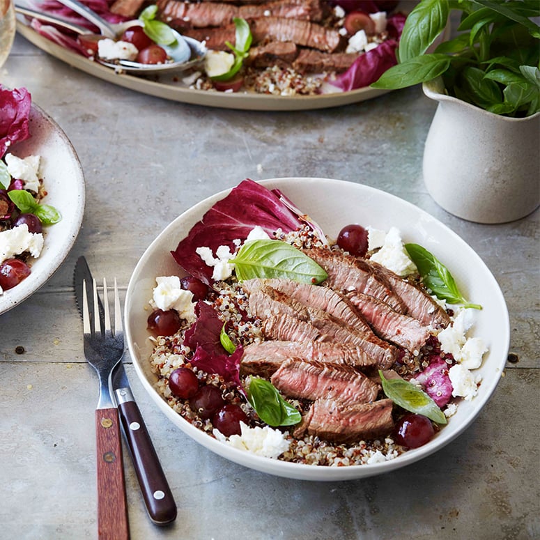 Warm beef salad with grape and feta
