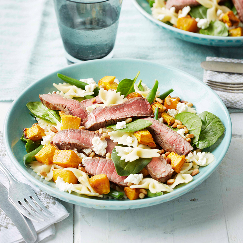 Warm beef pasta, roasted pumpkin salad