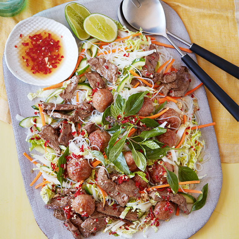 Grilled beef and meatball vermicelli salad
