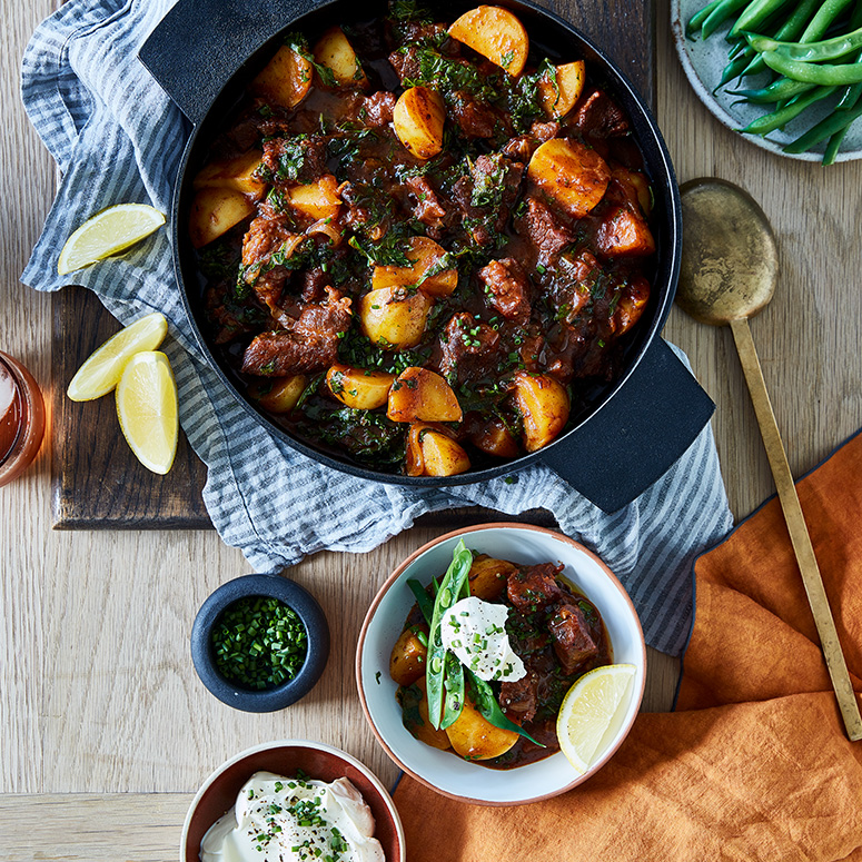 Beef goulash with steamed green beans