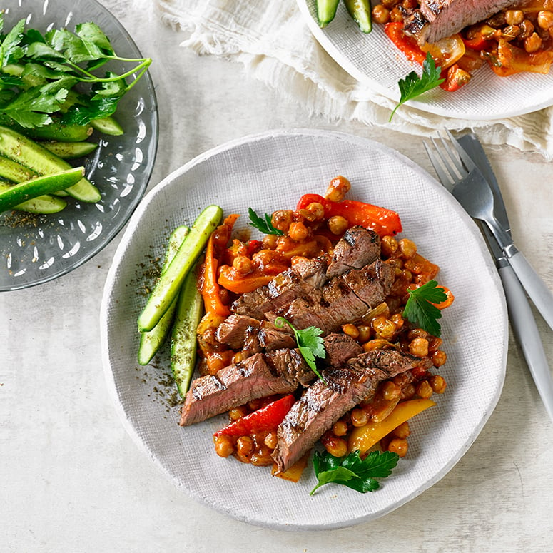 Beef rump k'dra with chickpea and raisin ragu