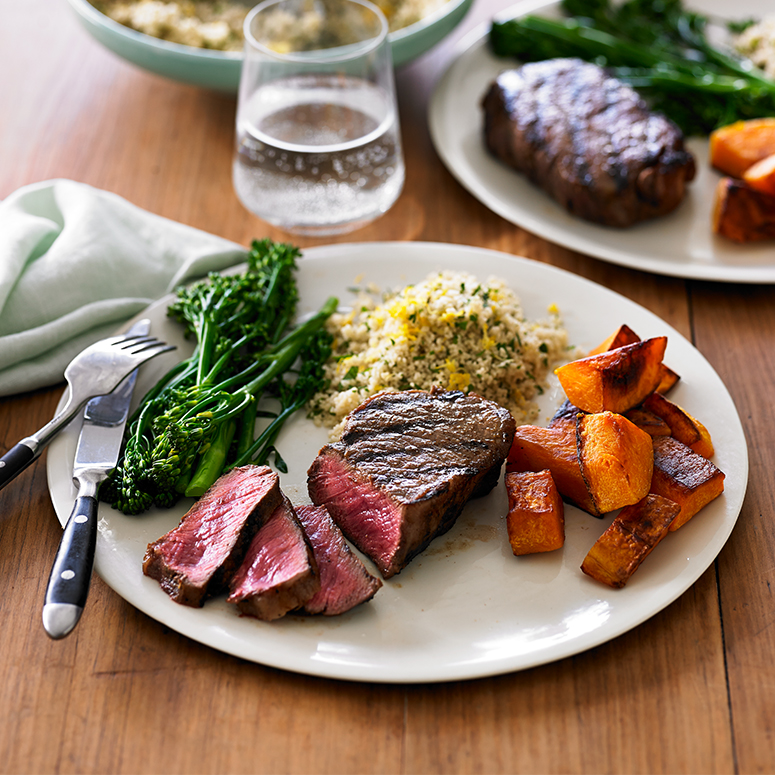 Beef sirloin, pumpkin, brocolini and couscous