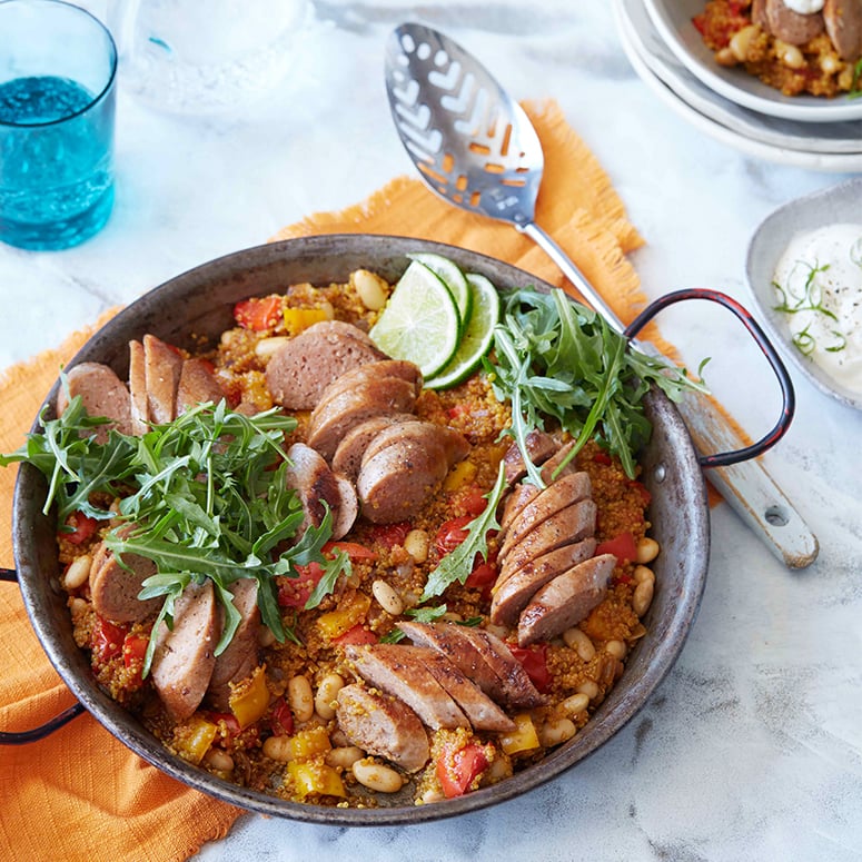 Smoky beef sausage paella with lime and coriander