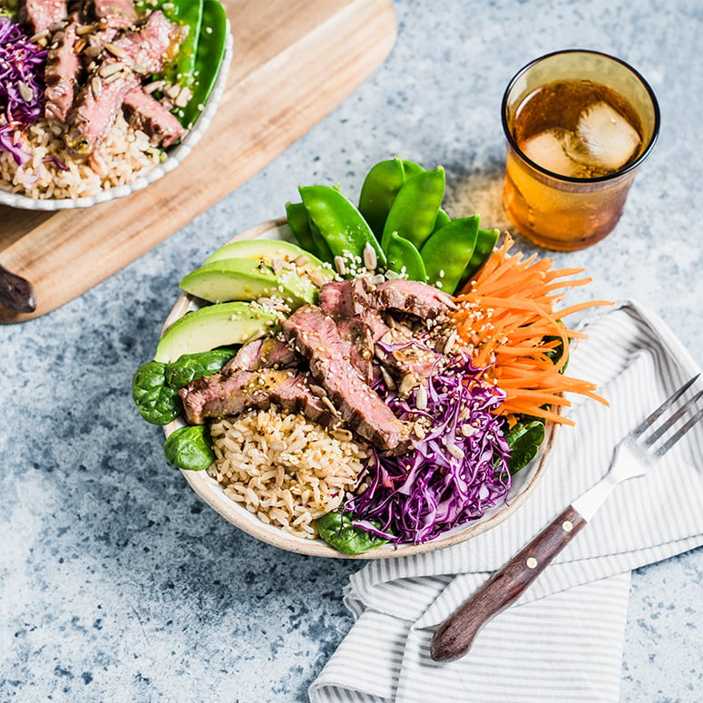 Beef rice bowl with Asian style salad