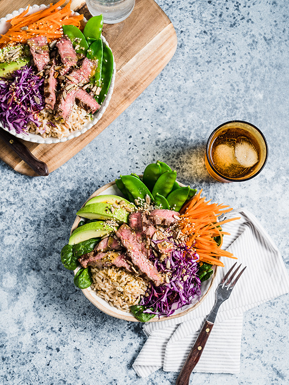 Beef rice bowl with Asian style salad