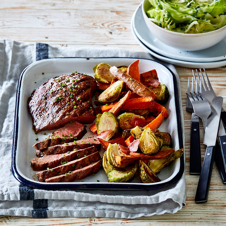 Harissa flat iron steak with roasted vegetables