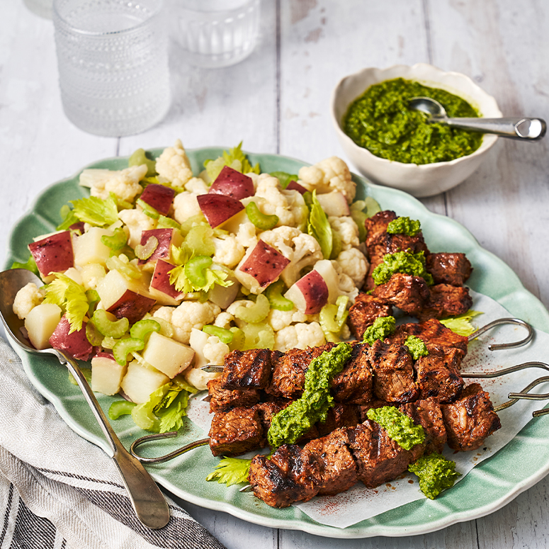 Portuguese Skewers & Potato Cauliflower Salad