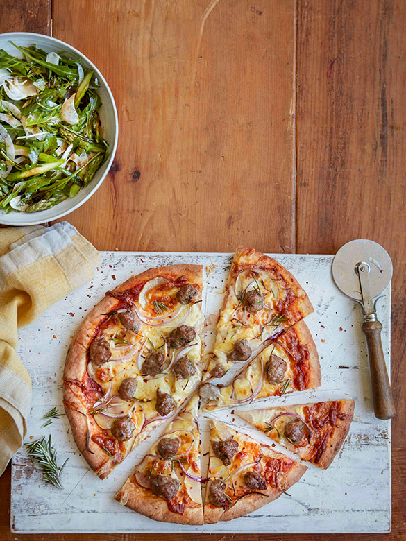 Beef sausage, potato and rosemary pizzas