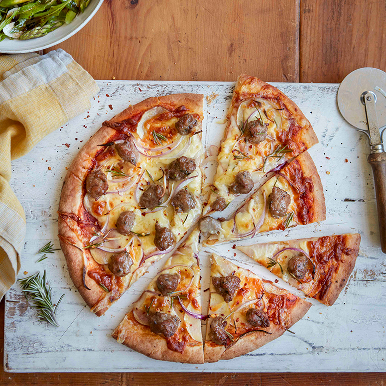 Beef sausage, potato and rosemary pizzas