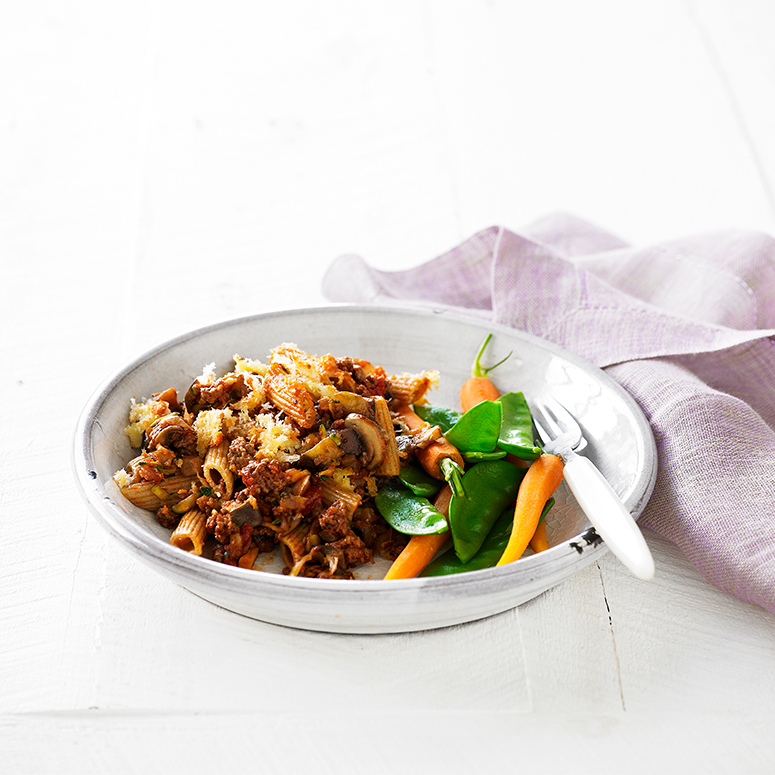 Beef, mushroom and eggplant pasta bake