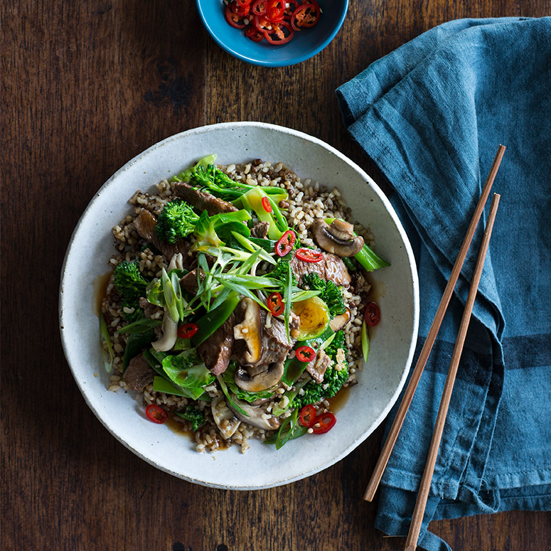 Beef, mushroom and ancient grain stir-fry