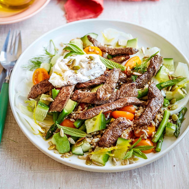 Beef salad with grains and labneh