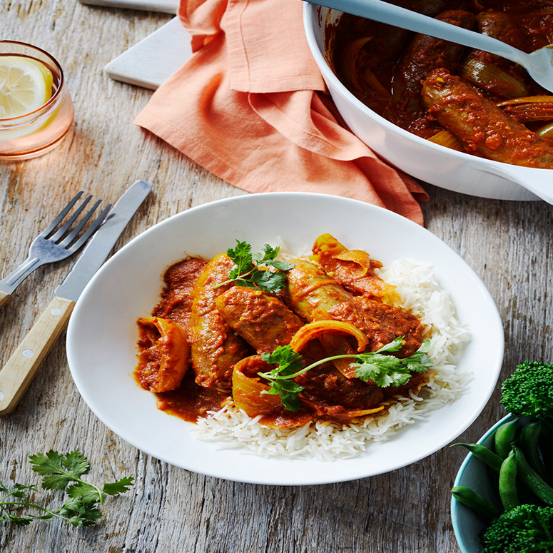 Adam Liaw’s beef sausages in onion curry