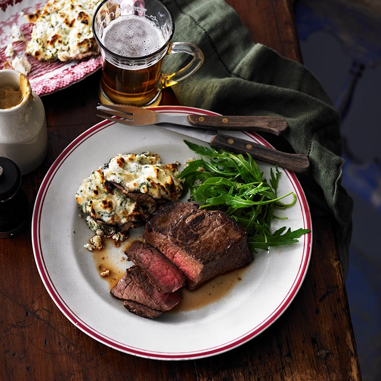 Rump medallions with stuffed Portobello mushrooms