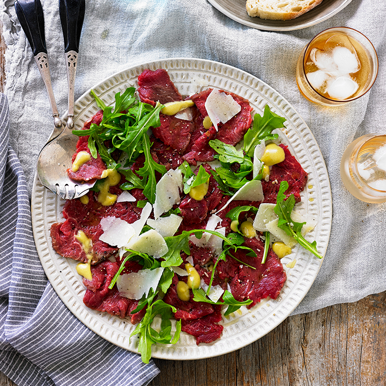 Smoked beef carpaccio with mustard dressing