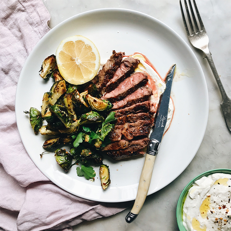 Oyster blade steak with spiced brussel sprouts