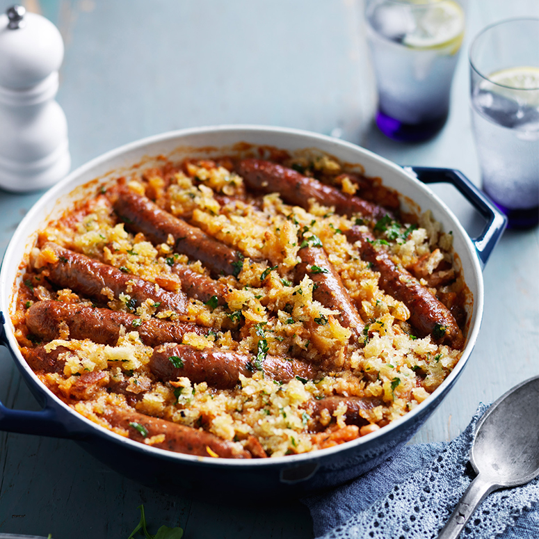 Sausage and bean casserole with herbed breadcrumbs
