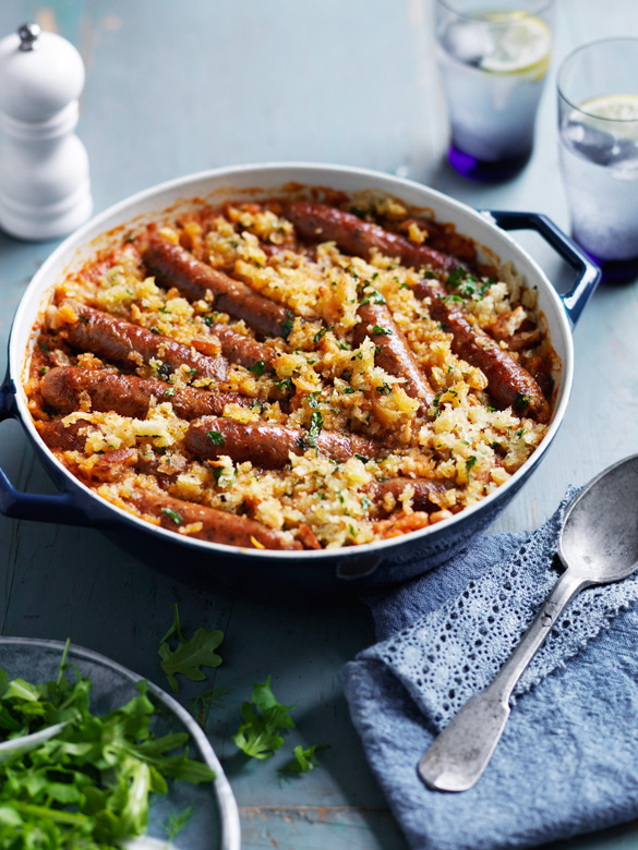 Sausage and bean casserole with herbed breadcrumbs recipe Australian