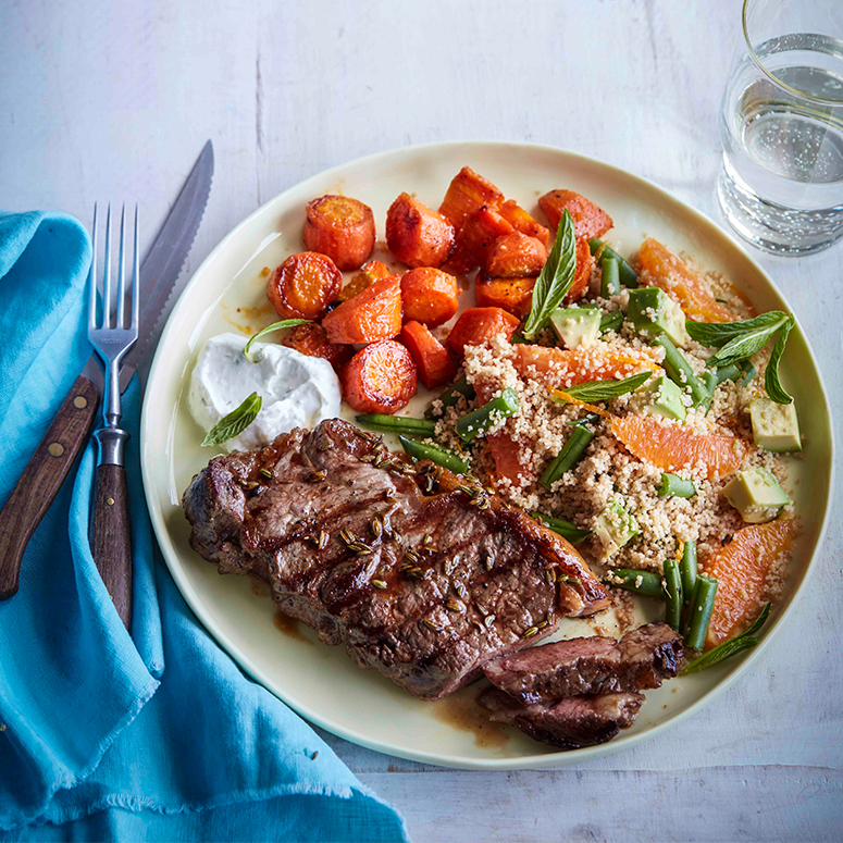 Char-grilled sirloin with spiced carrots and salad