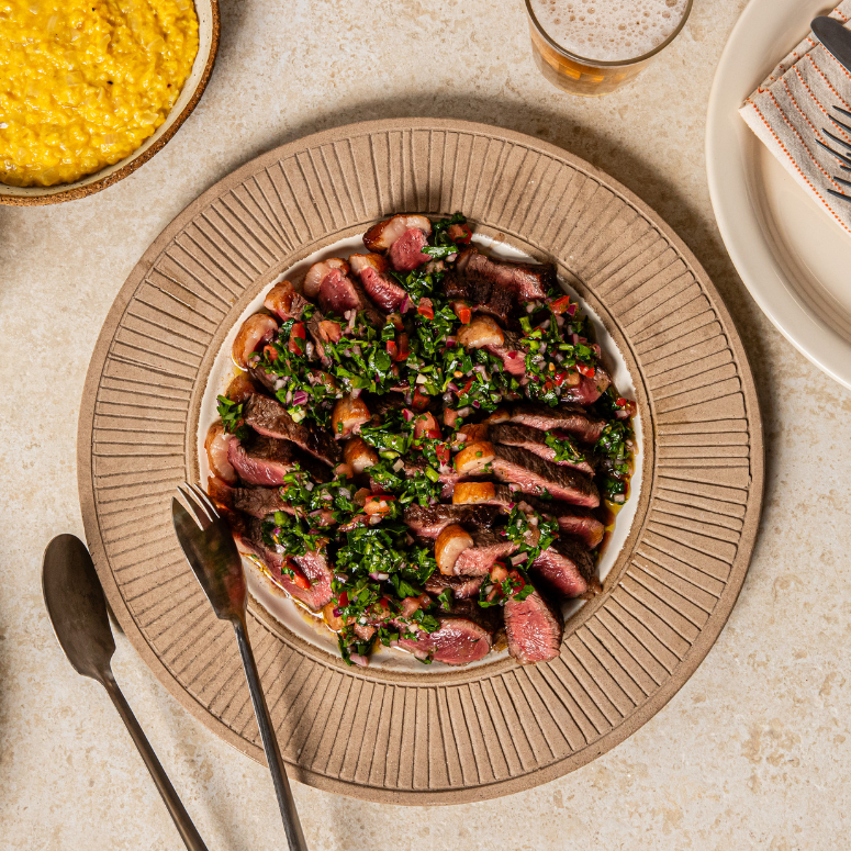 Picanha Steaks with Salsa Criolla & Creamed Corn