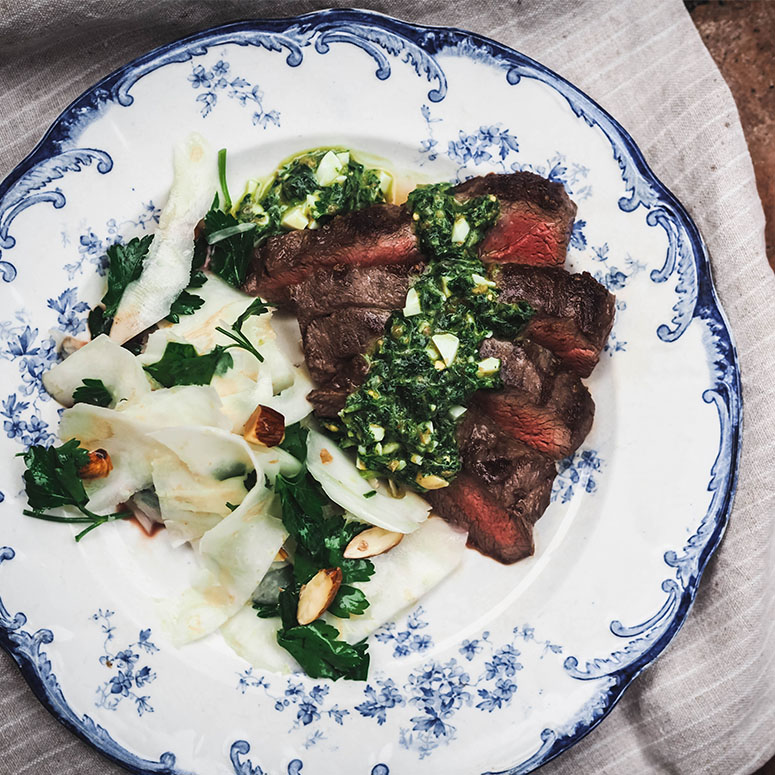 Flat Iron Steak with salsa verde and winter Salad