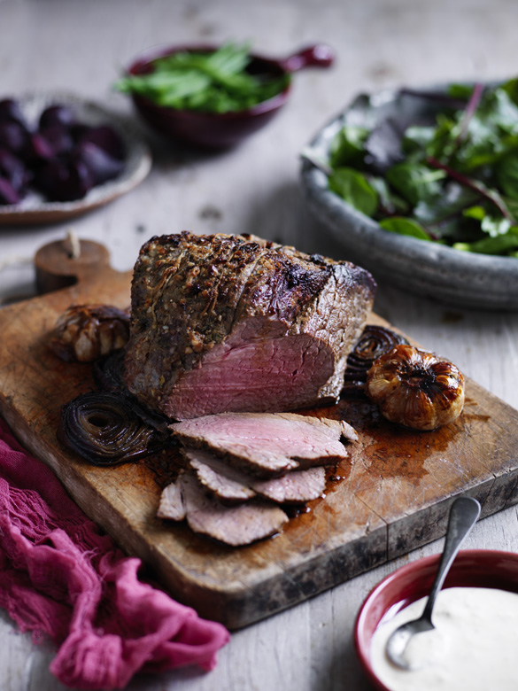 Beef topside roast with beetroot and green beans