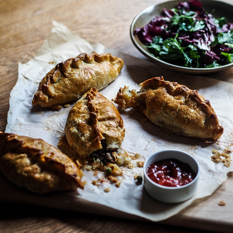 Beef, onion and pea pasties