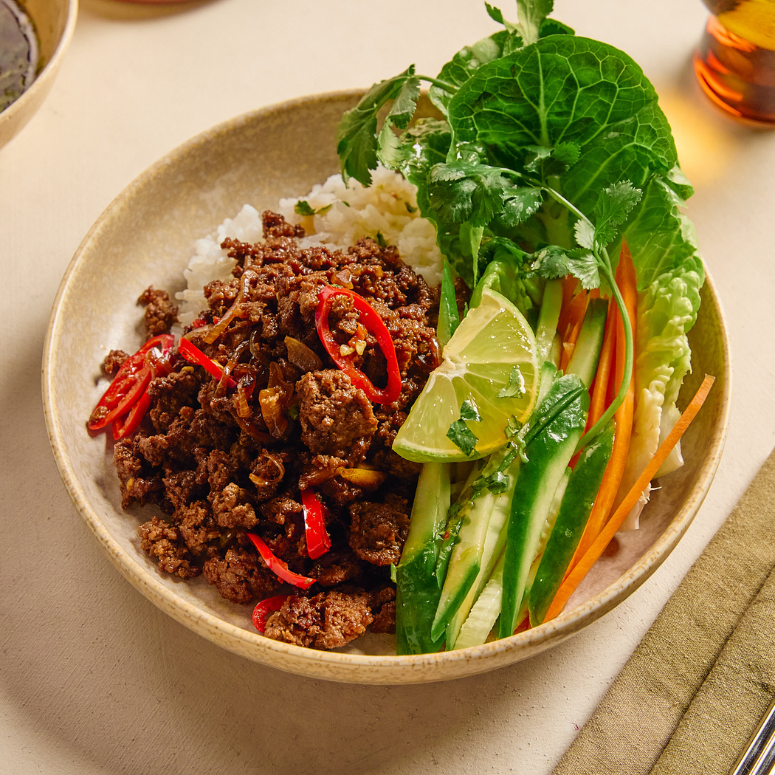 Lemongrass and sweet chilli beef mince rice bowls