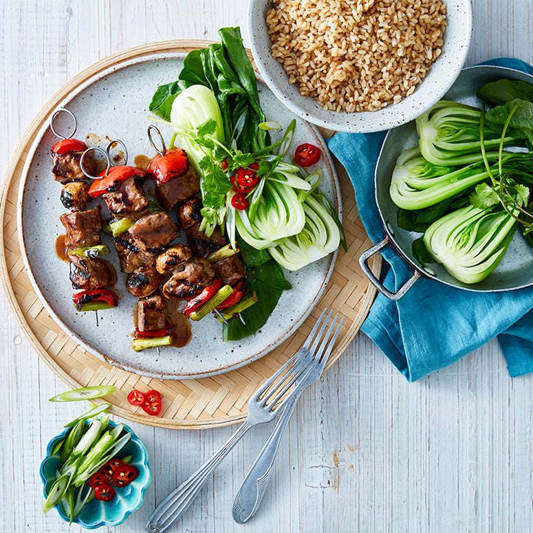 Beef, mushroom and oyster sauce kebabs