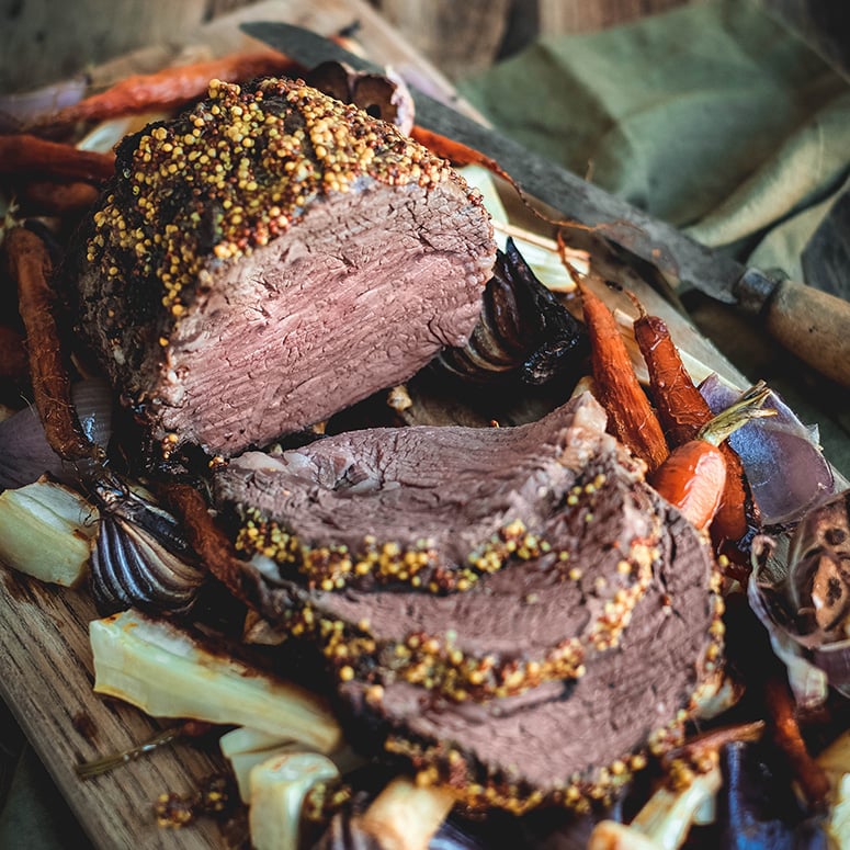 Scotch Fillet Roast with Mustard Rub and Veg